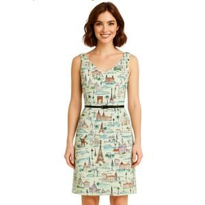 David Meister Tres Jolie Paris Print Sheath Dress 8 M Cream Sleeveless Belt USA